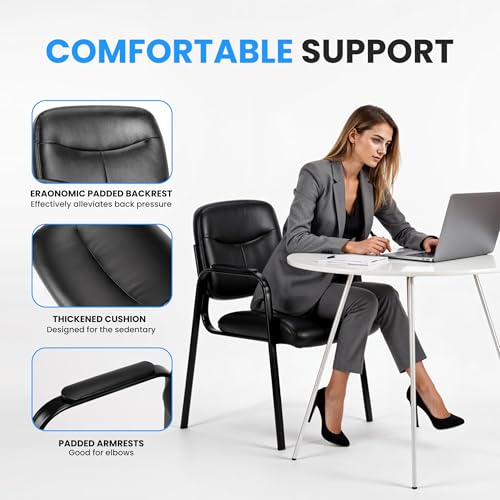 HealSmart Office Reception Guest Chair Set of 2 with Leather Padded Arm Rest for Waiting Room, Meeting Conference, Lobby Home Desk Table Side Chairs for Elderly, Seniors, Black - size: Leather Chairs 2 Pack-Inky