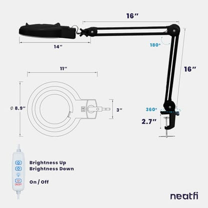Neatfi LED Magnifying Lamp with Clamp | 12W | 60 SMD LEDs |1,200 Lumens | Adjustable Step Dimming | 2.25x Magnification Desk Lamp Magnifier for Crafts, Painting, and Hobbies (Black-2, 5-Diopter) - color: Black-2, size: 5-Diopter
