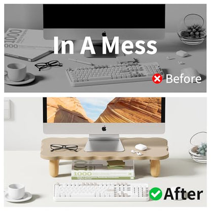 AFOOYO Monitor Stand Riser,Cookie-Shaped Sturdy Wood Computer Monitor Stand, Monitor Stand Riser, Multi-Purpose Desktop Organizer Riser for Computer,Laptop,Printer,TV,khaki