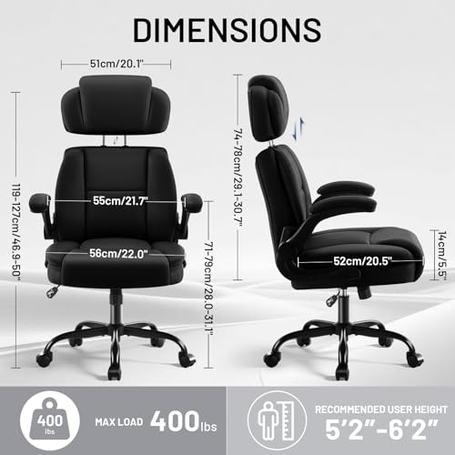 Ergonomic Office Chair with Lumbar Support, 400lbs Heavy Duty Big and Tall Executive Desk Chair, PU Leather High Back Computer Chair with Flip-Up Arms & Adjustable Headrest, Black - color: Black, size: Adjustable Headrest Office Chair