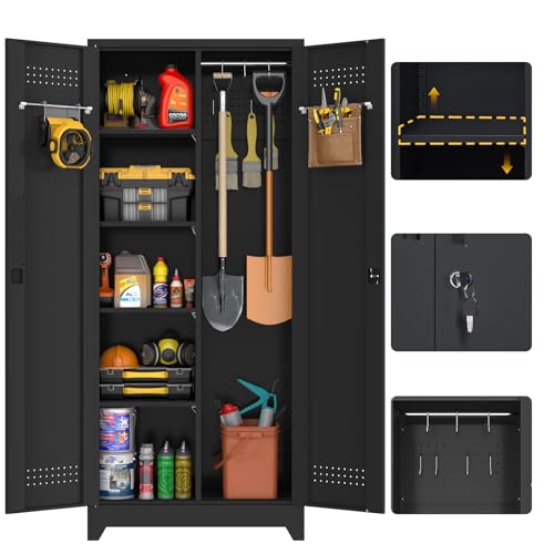 GREATMEET Broom Closet Storage Cabinet, Garage Storage Cabinet with Dooors,Lockable Cabinet, Black - color: Black, size: 73"H