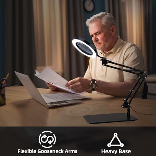 Magnifying Glass with Light and Stand, 3-in-1 Gooseneck Arms 3 Color Modes Stepless Dimmable, 10x&5X LED Desktop Magnifier with Light Hands Free for Workbench Reading Crafts Painting Hobby Close Work