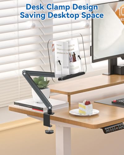 Desk Clamp Acrylic Book Stand for Reading, Ergonomic Design Adjustable Height up to 20 inches with Rotating Bases Cookbook Stand, Suitable for Recipe, Sheet Music, Tablet(Gray)