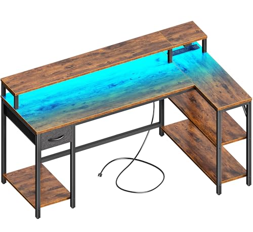 SUPERJARE 53 inch Reversible L Shaped Desk with LED Lights & Power Outlets, Computer Desk with Shelves & Monitor Stand, Gaming Desk with Drawer, Home Office Desk Corner Desk, Rustic Brown - color: Rustic Brown, size: 53 inch