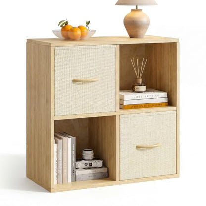 EXPERLAM 4 Cube Storage Organizer - Solid Wood Bookshelf with 2 Storage Bins, Cube Shelf with 2 Removable Back Panels, Vertical or Horizontal Bookcase, Open Book Shelf for Bedroom, Living Room, Office - size: 4 Cube Shelf