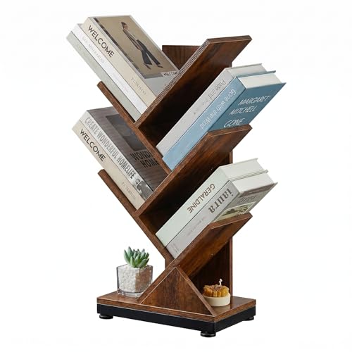 ruboka 5 Tier Tree Bookshelf, Small Bookcase 11.8"*7.4"*24" (Rustic Brown) | Retro Narrow Bookshelves for CDs/Magazines, Book Shelf for Bedroom, Living Room, Office, Balcony, Study Room - color: Brown, size: 5 Tier
