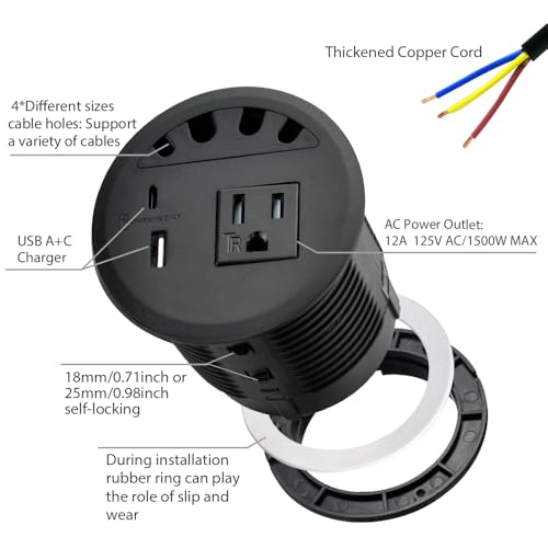 Recessed Power Grommet, with 33W Fast Charging USB-A+C, with 1 AC Power Outlet and 4.5FT Extension Cord Recessed Power Outlet for Conference Rooms, Office Tables, Furniture (black2) - color: black2