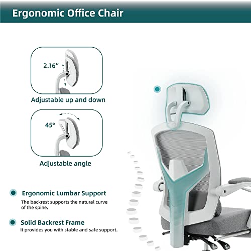 DUMOS Office Desk Chair with Footrest, Mesh Computer Gaming Chair | Ergonomic Lumbar Support, 360° Swivel, Rolling Wheels, Adjustable Headrest, Task Student, Elegant Grey - color: Elegant Grey, size: Standard