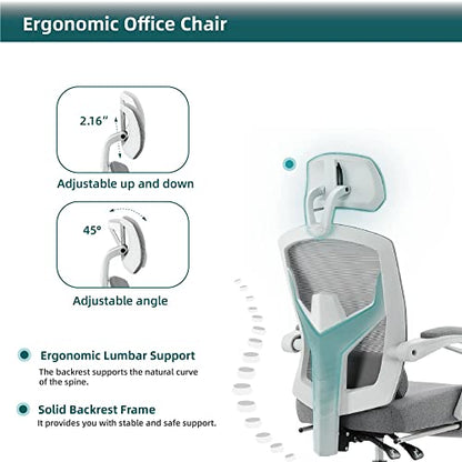 DUMOS Office Desk Chair with Footrest, Mesh Computer Gaming Chair | Ergonomic Lumbar Support, 360° Swivel, Rolling Wheels, Adjustable Headrest, Task Student, Elegant Grey - color: Elegant Grey, size: Standard