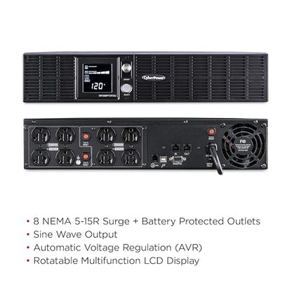 CyberPower OR1000PFCRT2U PFC Sinewave UPS Battery Backup | 1000VA/700W, 8 Outlets, AVR, 2U Rack/Tower, UL Certified - style: 1000VA