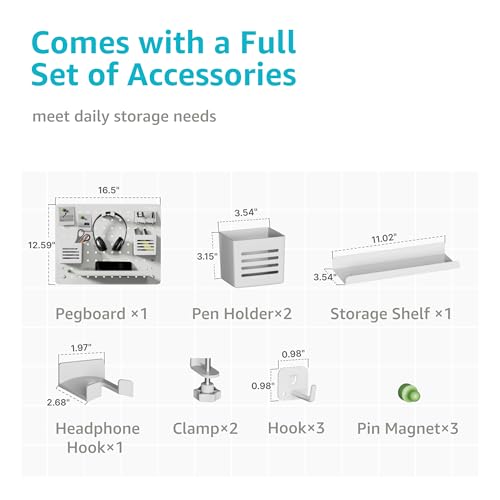 PEGZONE Clamp on Desk Pegboard, 16.5" x 12.6", with 10 Accessories, White - color: White, size: Medium