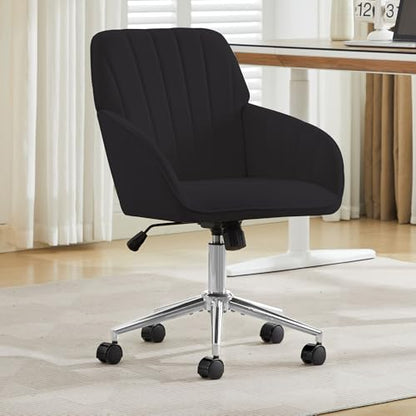 YITAI Velvet Office Desk Chair with Wheels and Silver Base,Modern Height Adjustable 360 Degree Swivel Upholstered Vanity Chairs with Arms for Living Room Bedroom, Study,Black - color: Silver Black