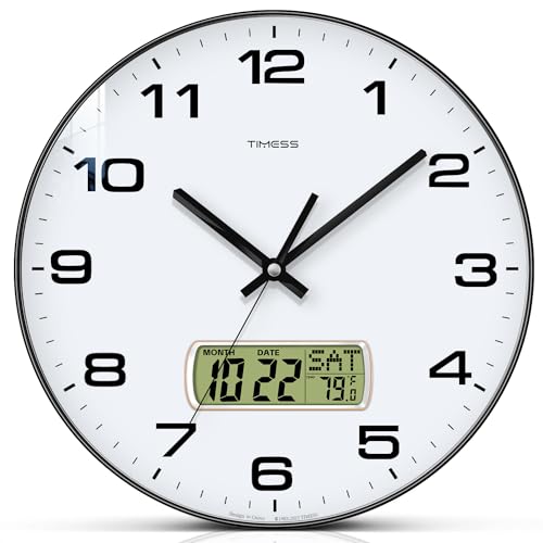 Wall Clock, 12" Dial Non-Ticking Silent Battery Operated Analog with LCD Display for Perpetual Calendar and F° Temperature, Ideal Modern Home, Bedroom, Kitchen, Office Decor (Black) | Perpetual calendar, Fahrenheit temperature, easy-to-read analog dial, b