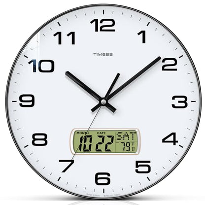 Wall Clock, 12" Dial Non-Ticking Silent Battery Operated Analog with LCD Display for Perpetual Calendar and F° Temperature, Ideal Modern Home, Bedroom, Kitchen, Office Decor (Black) | Perpetual calendar, Fahrenheit temperature, easy-to-read analog dial, b