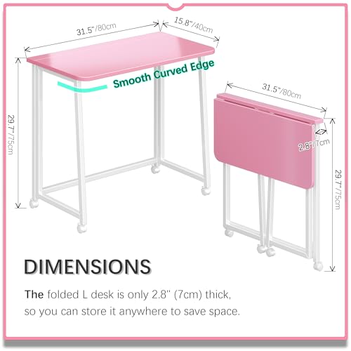 4NM 31.5" Mobile Small Folding Desk, Foldable Rolling Computer Home Office Desk, Study Writing Table for Small Space Saving Bedroom, with Wheels - Pink and White - color: Pink and White, size: 31.5"W x 15.7"D