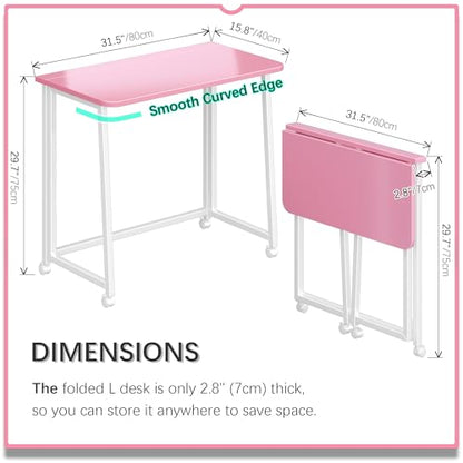 4NM 31.5" Mobile Small Folding Desk, Foldable Rolling Computer Home Office Desk, Study Writing Table for Small Space Saving Bedroom, with Wheels - Pink and White - color: Pink and White, size: 31.5"W x 15.7"D