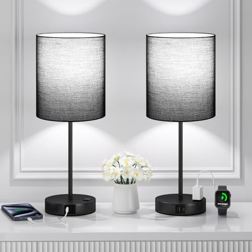 17.6" Black Touch Lamps for Bedroom Set of 2 - Dimmable, USB C+A, AC Outlet | Large 17.6" Tall Lamp, 3-Way Dimming, 5000K Daylight Bulbs, Black Lampshade Black Base, for Living Room, Boys, Men, Girls - color: Black