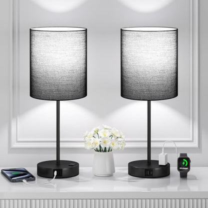 17.6" Black Touch Lamps for Bedroom Set of 2 - Dimmable, USB C+A, AC Outlet | Large 17.6" Tall Lamp, 3-Way Dimming, 5000K Daylight Bulbs, Black Lampshade Black Base, for Living Room, Boys, Men, Girls - color: Black