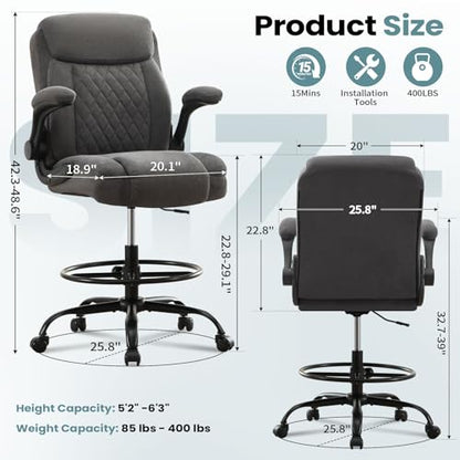 MAHOMICO Drafting Chair for Standing Desk – Tall Office Chair with Adjustable Height & Foot Ring, Flip-Up Arms, Lumbar Support – Comfortable Fabric Seat, Ideal Home Desk Chair - color: Grey