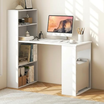 Tangkula White Computer Desk with Bookshelf, Writing Study Desk with Storage Shelves & CPU Stand, Modern Compact Computer Workstation for Home & Office, Space-Saving Design | Modern Compact Workstation w/Bookshelf Storage & CPU Stand, Space-Saving Design