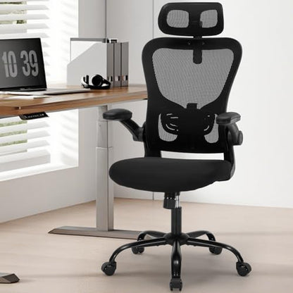 Office Chair Ergonomic Desk Chair High Back Mesh Computer Chair with Adjustable Lumbar Support & Headrest, Flip-Up Armrests, 300lbs Capacity 360 Swivel Chair for Home Office, Black