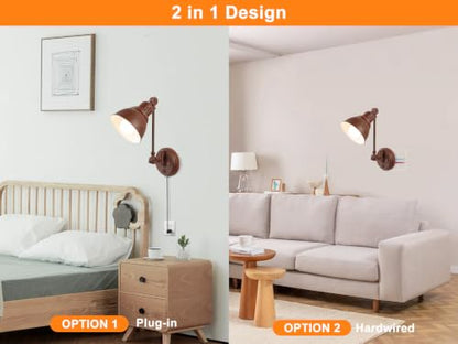 GOODATE 2 Pack Plug in Wall Sconces with Remote Control, Dimming, Adjustable Colors 2700K-6500K, Swing Arm Wall Lamps with Night Light & Timer, Plug-in or Hardwired, LED Bulbs Included, Walnut Finish - size: Walnut-2 PACK(Bulbs+Remote)