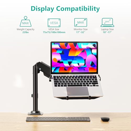 WALI Laptop Desk Mount for 15.6 inch Notebook, Fully Adjustable Single Monitor Arm with Laptop Holder for 32 inch Screen, Laptops Stand with Ventilated Tray, Up to 22 Lbs, (GSDM00LP), Black