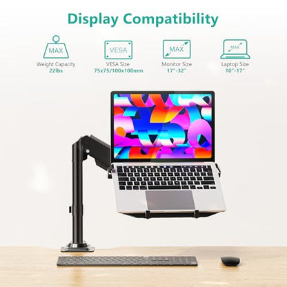 WALI Laptop Desk Mount for 15.6 inch Notebook, Fully Adjustable Single Monitor Arm with Laptop Holder for 32 inch Screen, Laptops Stand with Ventilated Tray, Up to 22 Lbs, (GSDM00LP), Black