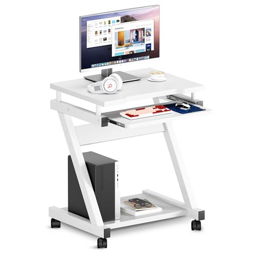 sogesfurniture Mobile Compact Computer Desk Cart for Small Spaces | Portable Computer Desk, Small Rolling Work Workstation for Home and Office with Printer Shelf, Keyboard Drawers,White - color: White