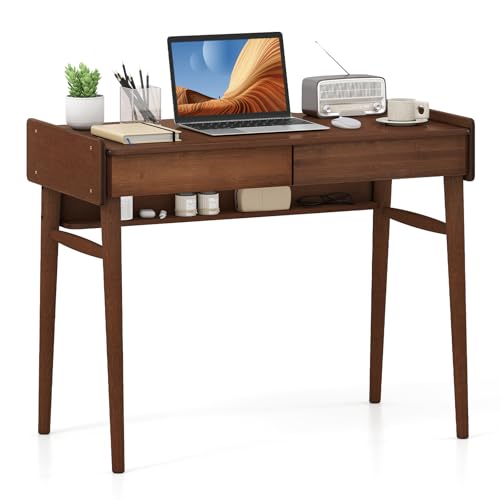 Giantex Mid Century Modern Desk, 39.5" Bamboo Computer Desk with 2 Drawers and Open Storage Shelf, Makeup Vanity Table, Wood Computer Workstation, Vintage Writing Desk for Bedroom, Walnut - color: Walnut