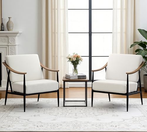 RNKSFX Modern Accent Chairs Set of 2 for Living Room Bedroom Mid Century Arm Chairs Upholstered Office Accent Chairs Comfy Waiting Room Chairs with Metal Frame, Cream White - color: Cream White