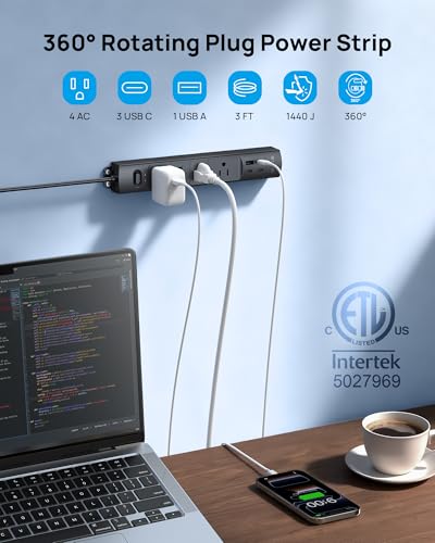 TROND Wall Mount Surge Protector Power Strip with 360 Rotating Plug, 3 ft - color: Black, size: 3FT Rotating Plug