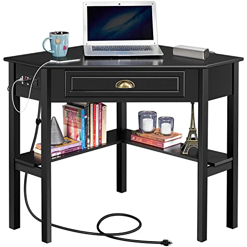 Topeakmart Modern Corner Computer Desk with Power Outlet and Storage Drawer for Home, L-Shaped Space Saving Desk Workstation with Charging Station Outlet, Study Laptop MDF Desktop Pine Legs, Black - color: Black