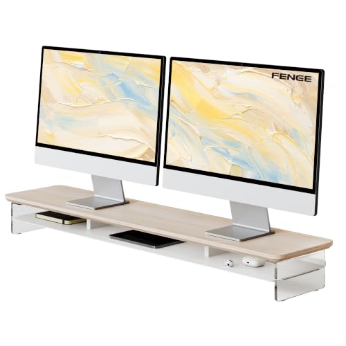 Fenge 42.5" Dual Monitor Stand with Clear Acrylic Legs, Oak - color: Oak, size: 42.5in
