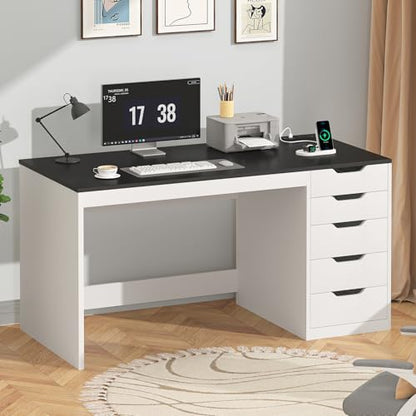 47 Inch Computer Desk with 5 Drawers and Power Outlets for Small Spaces - color: Black and White, size: 47inch-5drawers