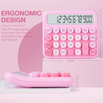 Mechanical Switch 12-Digit Pink Calculator - Large LCD Display, Big Buttons, Desktop, Cute, For Everyday Use - color: pink