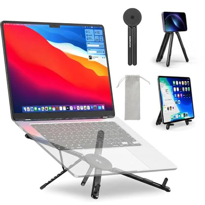 Portable Laptop Stand for Desk, 3-in-1 Adjustable Holder | MagSafe Compatible Foldable Design, 8-Level Height & Angle, Aluminum Alloy, Suitable for 10-16” Laptops (Black) - color: black
