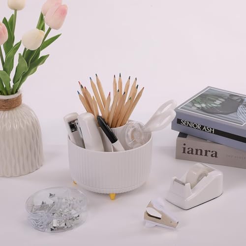 SKYDUE White Office Supplies Set, Office Desk Accessories 10PCS, Pencil Holder for Desk, Stapler, Tape Dispenser, Scissors, Ruler, Binder/Paper Clips and 1000pcs Staples,Desk Supplies Set - color: White