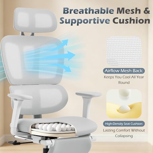 Ergonomic Office Chair with Footrest and Dynamic Lumbar Support, Grey | Reclining high-back computer chair, memory foam seat, 2D armrests, 2D headrest, mesh desk chair for home office, long hours - color: Light Grey