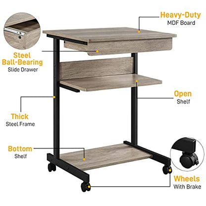 Yaheetech Tiny Mobile Computer Desk, 3-Tier Rolling Cart with Drawer, Gray - color: Grey