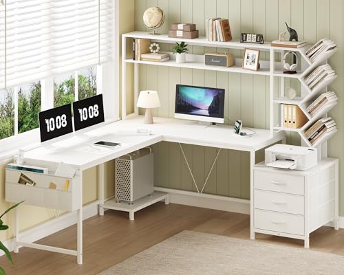63" L Shaped Desk with Bookshelf, Drawers and Hutch for Home Office - color: White, size: 63" L Shaped Desk