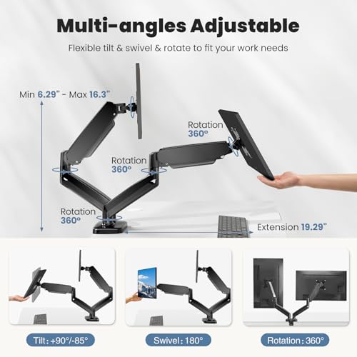 OLIXIS Dual Monitor Mount for Desk, Gas Spring Monitor Arm for 2 Monitors Max 32 Inches, Fully Adjustable Double VESA Mount with C-Clamp/Grommet Base, Holds Screen 17.6 lbs - color: Black, size: 1PCS