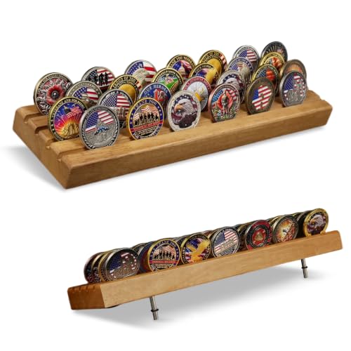 Acacia Wood Challenge Coin Display Holder, Military Coin Stand for 35 Coins - color: Natural Wood, size: Large