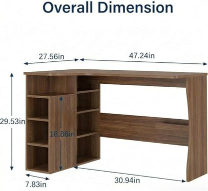 IDEALHOUSE Walnut L Shaped Desk for Small Spaces, Reversible Corner Desk with Storage Cabinet and 6 Adjustable Shelves, Wood Computer Desk for Home Office, Study, Writing, Gaming, Bedroom, Brown