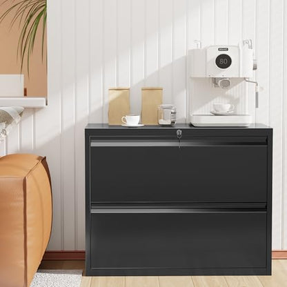 Lateral File Cabinet 2 Drawer, Black Metal File Cabinets for Home Office, Locking File Cabinet for Letter/Legal/F4/A4 Size Hanging Files, Easy Assembly
