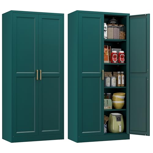 Polup 71" Green Metal Kitchen Pantry Storage Cabinet with Doors and Shelves | Tall Freestanding Cupboard, 5-Tier Heavy Duty, 4 Adjustable Shelving, Gold Handles, for Garage, Dining Living Room, Office - color: Green, size: 71"H with No Drawers
