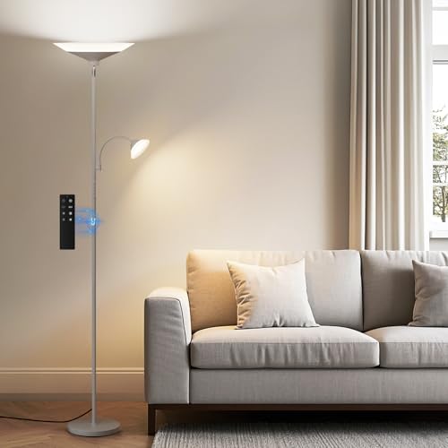 SIBRILLE Sliver Gray Torchiere Floor Lamp with Reading Light, 4 Color Temperatures, Dimmable & Individual Light Control Standing Lamp, 34W Bright Tall Lamp with Remote for Living Room Bedroom Office - color: Silver Gray