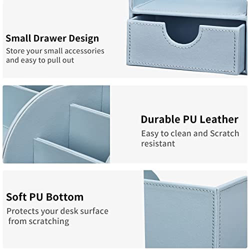 Pu Leather Desk Organizer Pen Pencil Holder Office Supplies Caddy Storage Box 6 Compartments with Drawer Blue - color: Blue