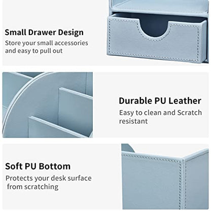Pu Leather Desk Organizer Pen Pencil Holder Office Supplies Caddy Storage Box 6 Compartments with Drawer Blue - color: Blue