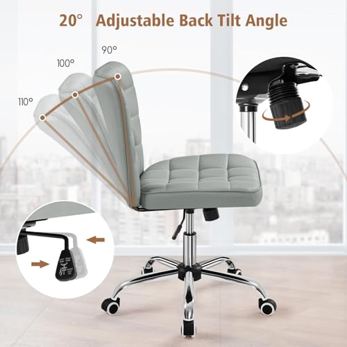 Yaheetech Light Gray Tufted Armless Desk Chair with Wheels, Faux Leather - color: Light Gray